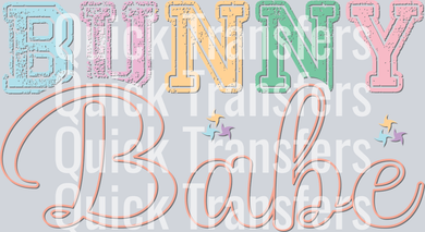 The Whimsical Bunny Babe Pastel Varsity Script Graphic Transfer by Quick Transfers features bold pastel 