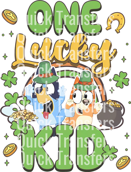 Cartoon featuring a leprechaun dog and cat with pots of gold, shamrocks, and coins. The text says "One Lucky" with "Quick Transfers" repeatedly overlaid in white. Product: Lucky Bluey St Patrick's Day Fun Design - Ready To Press DTF Transfer by Quick Transfers.