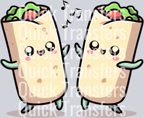 The Adorable Dancing Burrito Duo Kawaii Design DTF Transfer by Quick Transfers features two smiling cartoon burritos dancing with musical notes, vibrant lettuce, and fillings—perfect for your next heat press or DTF transfer project.