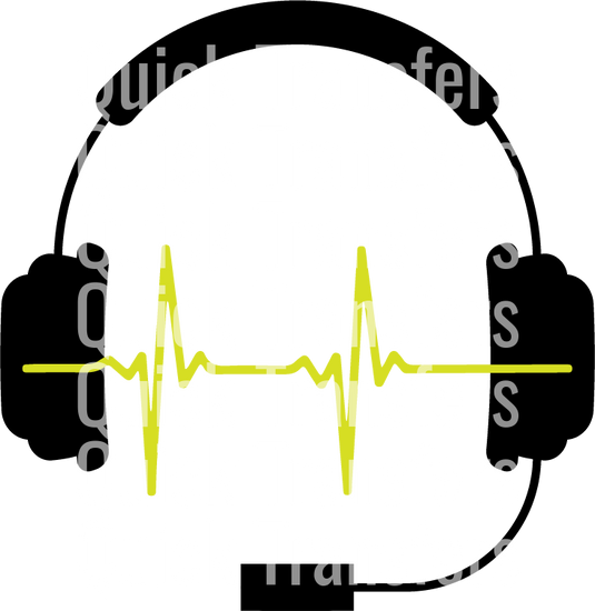 The words "Quick Transfers" are repeatedly illustrated behind large black headphones, with a yellow heartbeat line running through them, exemplifying the high-quality print resolution of the Ready to Press Transfers Dispatcher EKG by Quick Transfers. Ideal for custom apparel use.