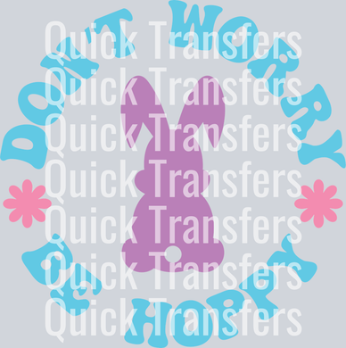 Quick Transfers’ Adorable Pastel Bunny Be Hoppy Floral DTF Transfer features a purple bunny silhouette, pink flowers, and blue 