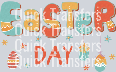 The Vibrant Easter Day Letters With Hanging Eggs Transfer by Quick Transfers features playful teal, orange, and yellow letters with eggs—perfect for festive apparel or DTF projects on light backgrounds.