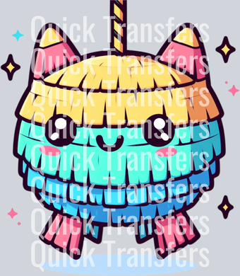 The Vibrant Rainbow Cat Pinata Kawaii Party Design Transfer by Quick Transfers features a colorful cartoon pinata, perfect as a ready-to-press DTF transfer.