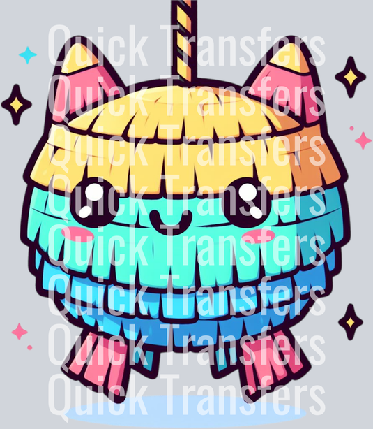 The Vibrant Rainbow Cat Pinata Kawaii Party Design Transfer by Quick Transfers features a colorful cartoon pinata, perfect as a ready-to-press DTF transfer.