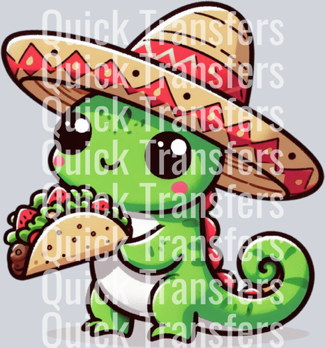 The Kawaii Taco Chameleon In Sombrero Premium Transfer from Quick Transfers features a happy green chameleon in a large sombrero holding a taco. 