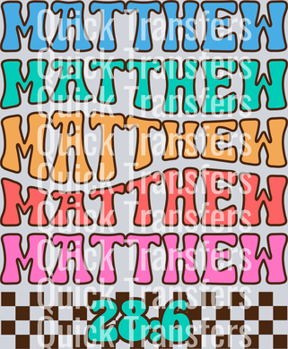 The Vibrant Retro Multicolor Matthew 286 Checkered Transfer by Quick Transfers features wavy “MATTHEW” text in blue, green, orange, red, pink, and purple over a brown checkerboard with “286” in green—perfect for custom apparel or DTF transfers.
