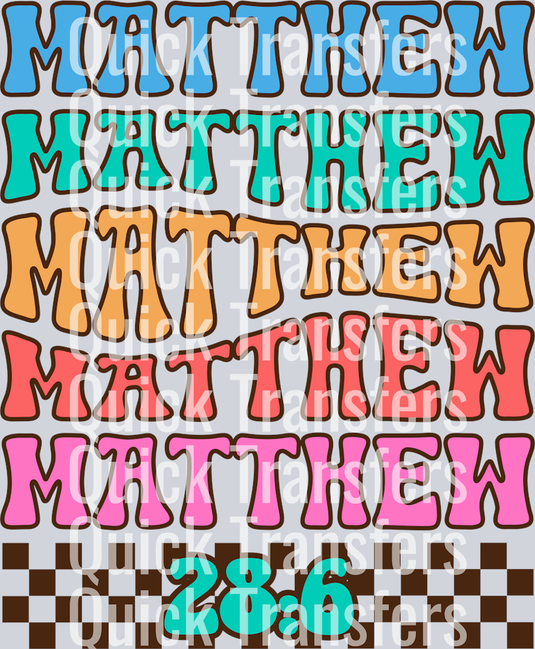 The Vibrant Retro Multicolor Matthew 286 Checkered Transfer by Quick Transfers features wavy “MATTHEW” text in blue, green, orange, red, pink, and purple over a brown checkerboard with “286” in green—perfect for custom apparel or DTF transfers.