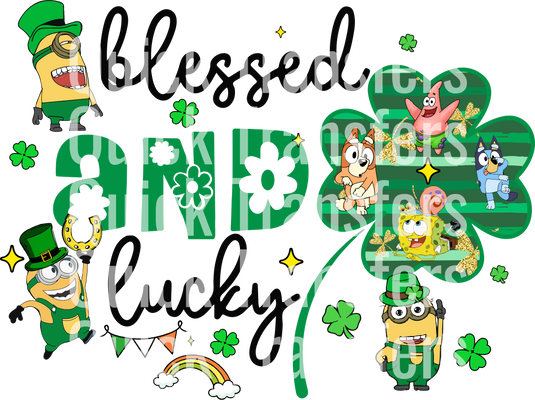 The "Blessed And Lucky Charm Design - Ready To Press DTF Transfer" from Quick Transfers features vibrant leprechaun-themed cartoon minions, dogs, and characters surrounding the brand name. Shamrocks, gold coins, and a rainbow with clouds enhance its festive look.