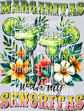 Two glasses of green liquid with limes and flowers highlight the Vibrant Whimsical Floral Fantasy Design DTF Transfer by Quick Transfers—perfect for your next custom project.