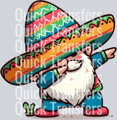 The Vibrant Fiesta Dabbing Sombrero Gnome Press Transfer by Quick Transfers features a smiling gnome with a white beard, blue outfit, and colorful sombrero, dabbing on a light background with 