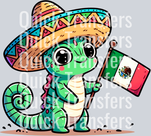 Quick Transfers' Adorable Vibrant Sombrero Lizard With Mexican Flag Transfer is perfect for DTF projects, featuring a cute lizard cartoon holding a Mexican flag.