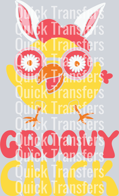 A vibrant retro Easter bunny chick with daisy eyes pops above bold “Chick” lettering, featuring the Quick Transfers brand—ideal for custom or ready-to-press DTF transfers.