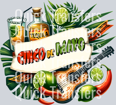 Celebrate in style with the Quick Transfers Vibrant Cinco De Mayo Tequila Guitar Fiesta Transfer—a colorful nature-inspired DTF featuring tequila, margarita, guitar, chili pepper, lime slices, and tropical leaves for festive apparel.