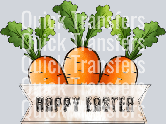 The Vibrant Happy Easter Carrots Trio Banner DTF Transfer by Quick Transfers shows three orange carrots with green leaves behind a rustic 