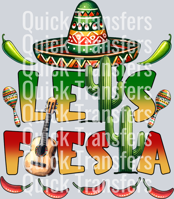 The Vibrant Fiesta Sombrero Cactus Guitar Maracas Transfer by Quick Transfers features colorful text, sombrero, maracas, cactus, guitar, jalapeños, chili peppers, vibrant floral accents, and a 