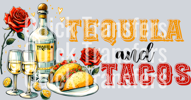 The Quick Transfers Bold Tequila And Tacos Fiesta Rose Design DTF Transfer features tequila, tacos, roses, and limes with bold lettering—ideal for heat press application on light backgrounds or custom creations.