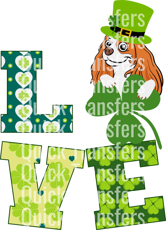 A Cavalier King Charles Spaniel dressed as a leprechaun stands beside the word "LUCKY" in green and polka dots. The brand name "Quick Transfers" overlays the image.