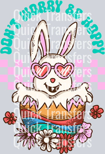 The Dont Worry Be Happy Cute Retro Bunny Heart Shades Transfer by Quick Transfers features a smiling bunny in pink heart sunglasses popping from an Easter egg with flowers and 