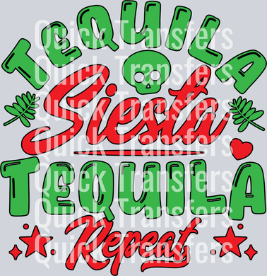 Bold Tequila Siesta Tequila Repeat Fiesta Art Transfer by Quick Transfers features green and red text with hearts, stars, and agave plants—perfect for custom or Ready To Press DTF Transfer projects.