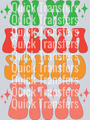 The Fiesta Squad Vibrant Retro Groovy Sparkle Transfer by Quick Transfers features green, orange, and red 