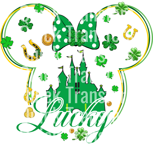 The image displays "Quick Transfers" in white text over a design with shamrocks, coins, keys, a green bow, and mouse ear outlines, all forming a St. Patrick's Day theme for the Lucky Charm Graphic Design by Quick Transfers.