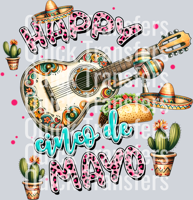 The Quick Transfers Vibrant Cinco De Mayo Fiesta Guitar Taco Cactus Transfer features a festive guitar, tacos, potted cacti, and bright sombreros with 