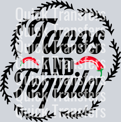 The Bold Ideas And Tequila Chili Wreath Ready To Press Transfer by Quick Transfers features black cursive text, a leafy circular wreath, two red chilies above 