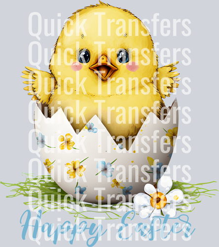 The Adorable Easter Chick Hatching With Daisies DTF Transfer by Quick Transfers features a smiling yellow chick in a floral eggshell, perfect for heat press projects. The 