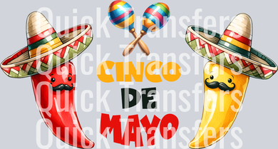 The Festive Cinco De Mayo Chili Sombrero Maracas Transfer by Quick Transfers features two cartoon chili peppers with mustaches and sombreros, maracas, bold 