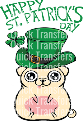 A cartoon of a cute, wide-eyed dog in a large green top hat with a shamrock on a text background reads 