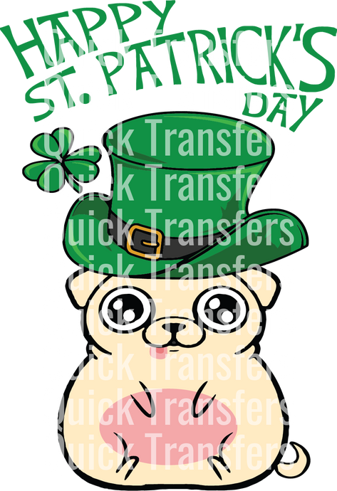 A cartoon of a cute, wide-eyed dog in a large green top hat with a shamrock on a text background reads 