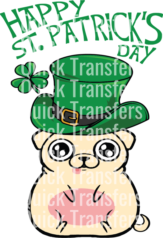 A cartoon of a cute, wide-eyed dog in a large green top hat with a shamrock on a text background reads "HAPPY ST. PATRICK'S". Product: Cute Dog Leprechaun Cheer For St Patricks Day - Ready To Press DTF Transfer by Quick Transfers.