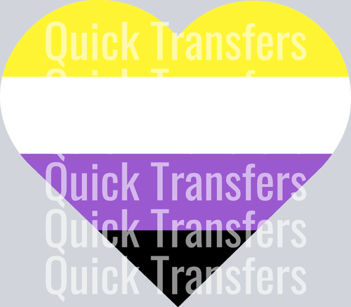 The Nonbinary Heart by Quick Transfers features a heart-shaped flag with horizontal yellow, white, purple, and black stripes repeatedly overlaid with 