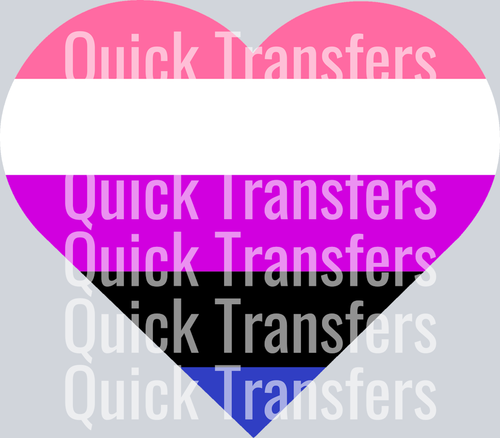 The Genderfluid Heart flag, featuring pink, white, purple, black, and blue stripes with a heart design, is offered by Quick Transfers—ideal for Ready to Press DTF transfers and custom apparel.