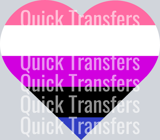 The Genderfluid Heart flag, featuring pink, white, purple, black, and blue stripes with a heart design, is offered by Quick Transfers—ideal for Ready to Press DTF transfers and custom apparel.