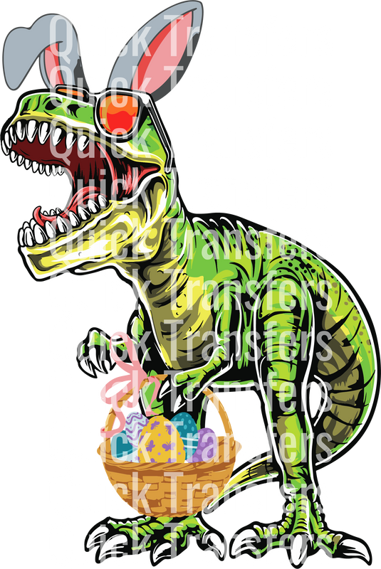 A two-legged cartoon dinosaur with sharp teeth and red eyes holds a patterned egg basket against a "Quick Transfers" text-filled background. Product: Happy Easter Dinosaur Design For Fun Celebrations - Ready To Press DTF Transfer by Quick Transfers.