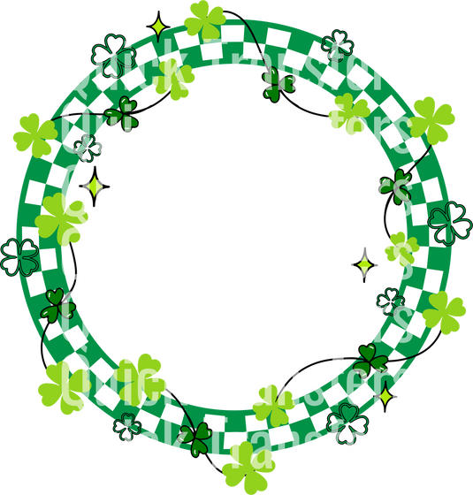 Text "Quick Transfers" repeatedly overlays a circular green and white checkered pattern featuring green clovers, in the Charming Clover Circle Design by Quick Transfers.