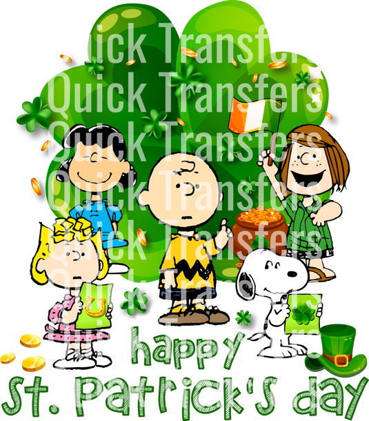 Cartoon characters with drinks celebrate St. Patrick's Day, surrounded by green clovers and gold coins. The image features repeated large white text: "Quick Transfers," showcasing the Charming Canine Companion Design - Ready To Press DTF Transfer.