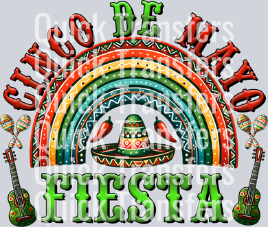 The Vibrant Cinco De Mayo Fiesta Sombrero Rainbow Transfer by Quick Transfers features a festive rainbow, sombrero, maracas, chili peppers, guitars, and bold 