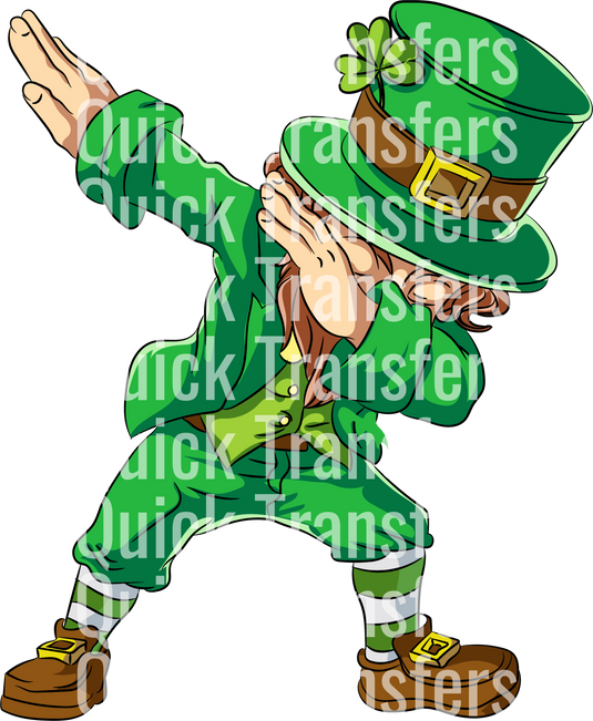 A cartoon leprechaun in a green outfit is dabbing on the "Dancing Leprechaun St Patrick's Day Fun - Ready To Press DTF Transfer" by Quick Transfers, with the brand name repeatedly printed over the image in white text.