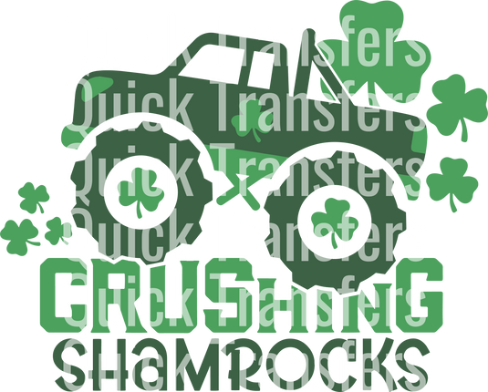 The image showcases the words "Quick Transfers" multiple times on a green four-leaf clover graphic, featuring the product "Crushing Shamrocks For St Patricks Day - Ready To Press DTF Transfer" by Quick Transfers.