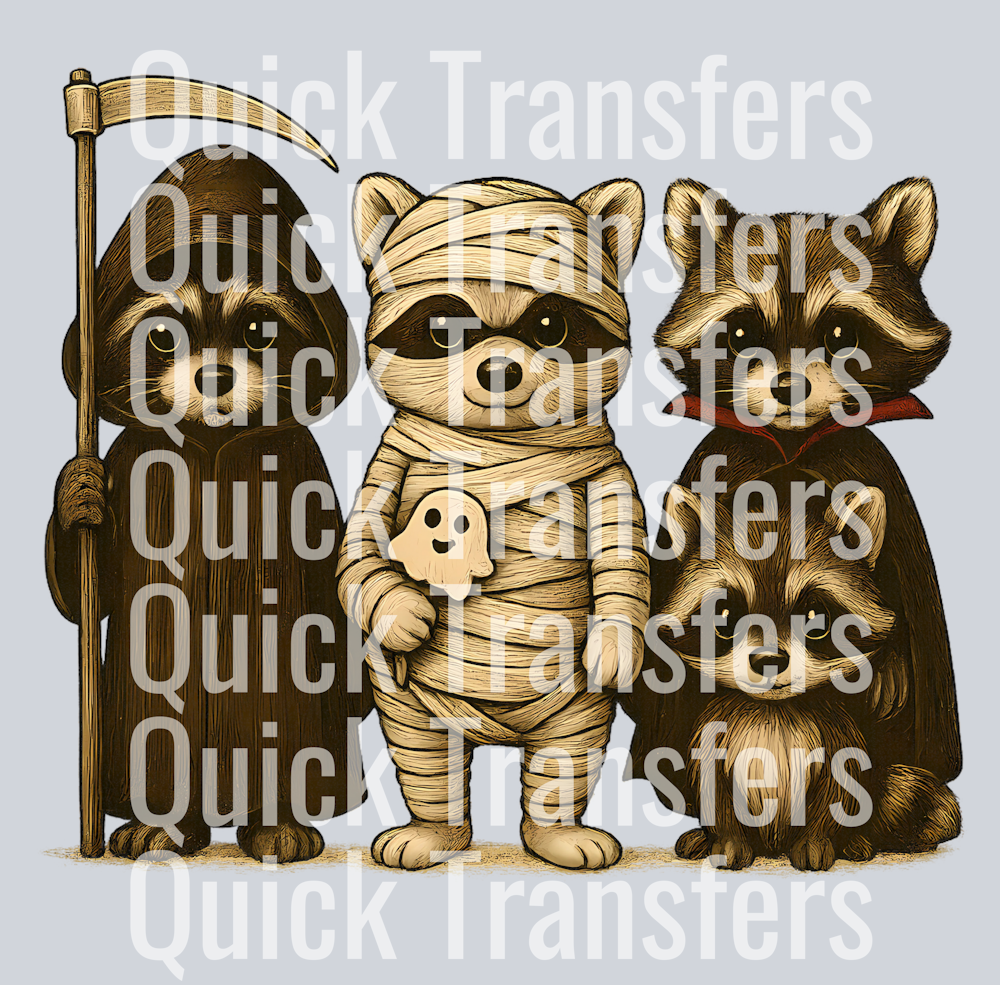 Adorable Halloween Raccoon Trio Mummy Reaper Vampire Transfer – Quick ...