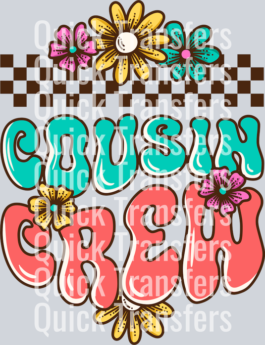 The Vibrant Retro Cousin Crew Floral Checkerboard Transfer by Quick Transfers features 