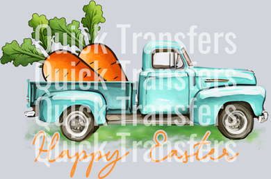 The Whimsical Vintage Easter Truck With Giant Carrots Transfer by Quick Transfers features a teal vintage truck with giant orange carrots and 